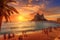 Beautiful sunset at the beach in Rio de Janeiro, Brazil, Picturesque view of Cala d\\\'Hort tropical Beach, people hangout in