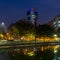 Beautiful sunset Bucharest Romania Bucuresti Dambovita river landscape reflection