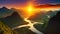 A beautiful sunset casts a warm glow over the majestic mountains and flowing river, Sunrise over New Zealand\\\'s breathtaking