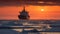 Beautiful sunset with Icebreaking vessel in Arctic, generative ai