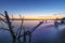 Beautiful sunset on the lake. The old tree stump on the shore, long exposure water.