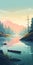 Beautiful Sunset Lake Scene With Canoe: Graphic Design-inspired Illustration