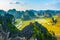 Beautiful sunset landscape viewpoint with green rice fields from the top of Mua Cave mountain, Ninh Binh, Tam Coc, Vietnam