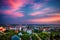 Beautiful sunset light have painted the sky and the city down in the valley in pink colours. Uzhhorod, Ukraine