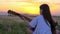 Beautiful sunset little kid girl sitting with his back to the camera playing the guitar in a dandelions field . outdoors away from