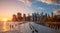 Beautiful Sunset and Lower Manhattan skyline with East River and New York City. Twilight with Reflections