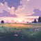 Beautiful sunset on the meadow. Vector illustration for your design