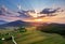 Beautiful sunset in mountains in Croatia. Bird`s eye view panorama of amazing sky and the red sun lights shooting clouds over