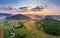 Beautiful sunset in mountains in Croatia. Bird`s eye view panorama of amazing sky and the red sun lights shooting clouds over