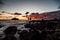 Beautiful sunset near volcanic rocks of Mosteiros beach, Sao Miguel, Azores