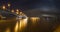 Beautiful sunset night over Rhine / Rhein river and old bridge i