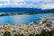 The beautiful sunset over Alesund cityscape. Art Nouveau architecture. View from Aksla viewpoint. Norway