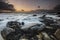 Beautiful sunset over the floody ocean in Newquay, Cornwall, UK