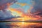 Beautiful sunset over the lake. Digital painting. Oil painting, Cumulonimbus sunset portrayed with impasto post-impressionism,