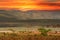 Beautiful sunset over the lakes of Baringo with pink flamingos