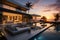 A beautiful sunset over a lavish beachfront villa, complete with crystal clear pools, lush greener