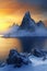 Beautiful sunset over the mountains in Antarctica,  Global warming concept