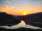 Beautiful sunset over mountains behind the old Georgian town Mtskheta.