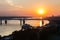 Beautiful sunset over the Octyabrsky bridge across river Ob in Novosibirsk