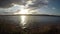 Beautiful sunset over the Tromsoe city island in late summer with blue fjord