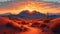 A beautiful sunset over a vast desert landscape with mountains in the distance