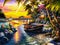 Beautiful sunset painting with boats, rivers, houses and trees.