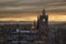 Beautiful sunset photo of Edinburgh city with clocktower and historical buildings