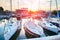 Beautiful sunset in port of sailing vessel in Rimini, Italy