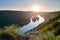 Beautiful sunset on the river. Top view on the islands of Yin-Yan on the Dniester River (Dnestr). National Nature Park Dniester C