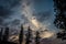 Beautiful sunset sky with Jeffrey Pine trees and interesting cloud formations in Mammoth Lakes California