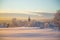 Beautiful sunset at the small Norwegian town Roros. Church in the evening sun.