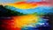 Beautiful sunset or sunrise over the sea, ocean or lake. Oil painting created by artificial intelligence. Large sweeping