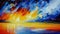 Beautiful sunset or sunrise over the sea, ocean or lake. Oil painting created by artificial intelligence. Large sweeping