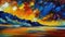 Beautiful sunset or sunrise over the sea, ocean or lake. Oil painting created by artificial intelligence. Large sweeping