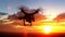 Beautiful sunset and sunset dji helicopter takes off  the sound of the aircraft shocking perspective