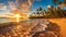 Beautiful sunset on a tropical beach with palm trees. Panorama