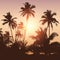 Beautiful sunset in the tropical palm forest realistic landscape