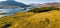 Beautiful sunset view of Connemara region in Ireland. Scenic Irish countryside landscape with magnificent mountains on the horizon