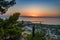 Beautiful sunset view from the historical castle of Kyparissia coastal town at sunset. Located in northwestern Messenia,