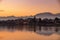 Beautiful sunset view of the village of Sesto Calende in Northern Italy with the Alps mountains in the background and the Ticino