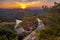 A beautiful sunset at Vyhlidka Maj Viewpoint May. Meander of the river Vltava Moldau in Central Bohemia close to the Prague, C