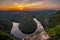 A beautiful sunset at Vyhlidka Maj Viewpoint May. Meander of the river Vltava Moldau in Central Bohemia close to the Prague, C