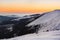 Beautiful sunset in winter, snow. Sniezka mount in the Giant Mountains, Poland