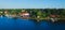 Beautiful super wide-angle aerial view of Stockholm archipelago skerries and suburbs with classic sweden scandinavian designed cot