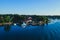 Beautiful super wide-angle aerial view of Stockholm archipelago skerries and suburbs with classic sweden scandinavian designed cot