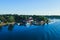 Beautiful super wide-angle aerial view of Stockholm archipelago skerries and suburbs with classic sweden scandinavian designed cot