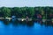 Beautiful super wide-angle aerial view of Stockholm archipelago skerries and suburbs with classic sweden scandinavian designed cot