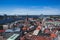 Beautiful super wide-angle panoramic aerial view of Riga, Latvia with harbor and skyline with scenery beyond the city