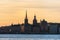 Beautiful super wide-angle panoramic aerial view of Stockholm. Sweden with harbor and skyline with scenery beyond the city