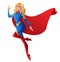 Beautiful superhero woman flying and waving hand. Vector illustration.